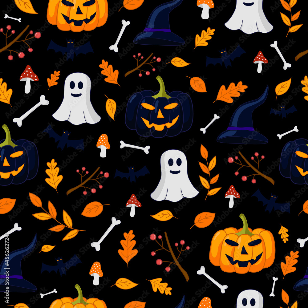 Seamless Halloween texture with jack lantern, ghosts, bats, leaves, fly agarics, witch hat, rowan and bones