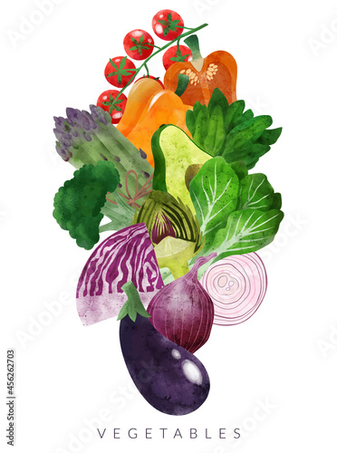 Color pile of fresh vegetables, hand drawn vector