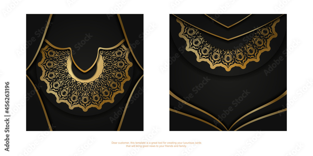 Greeting card in dark color with golden vintage pattern