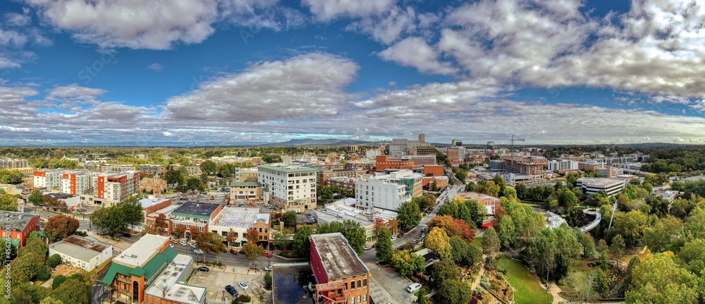 Aerial panoramic view of downtown Greenville, SC cityscape