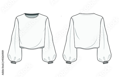 Winter Bishop Sleeve Crop Top Front and Back View Vector Fashion Illustration , CAD, Technical Drawing, Flat Drawing.