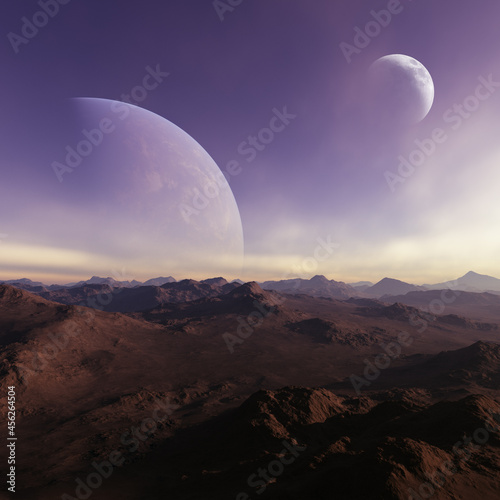 3d rendered Space Art  Alien Planet - A Fantasy frozen landscape with planets and blue skies