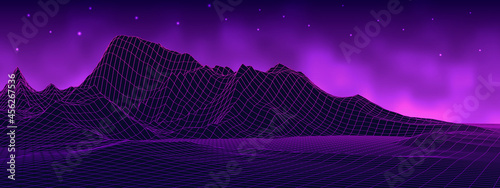 Wireframe landscape background. 80s retro landscape style. Vector illustration.