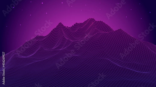 Wireframe landscape background. 80s retro landscape style. Vector illustration.