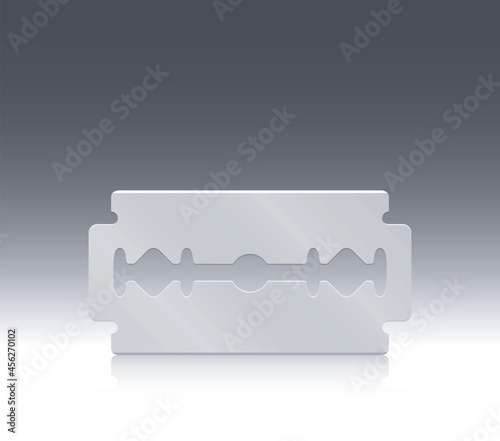 Razor blade - single item - placed in an upright position. Close up vector illustration on blue gray white gradient background.
