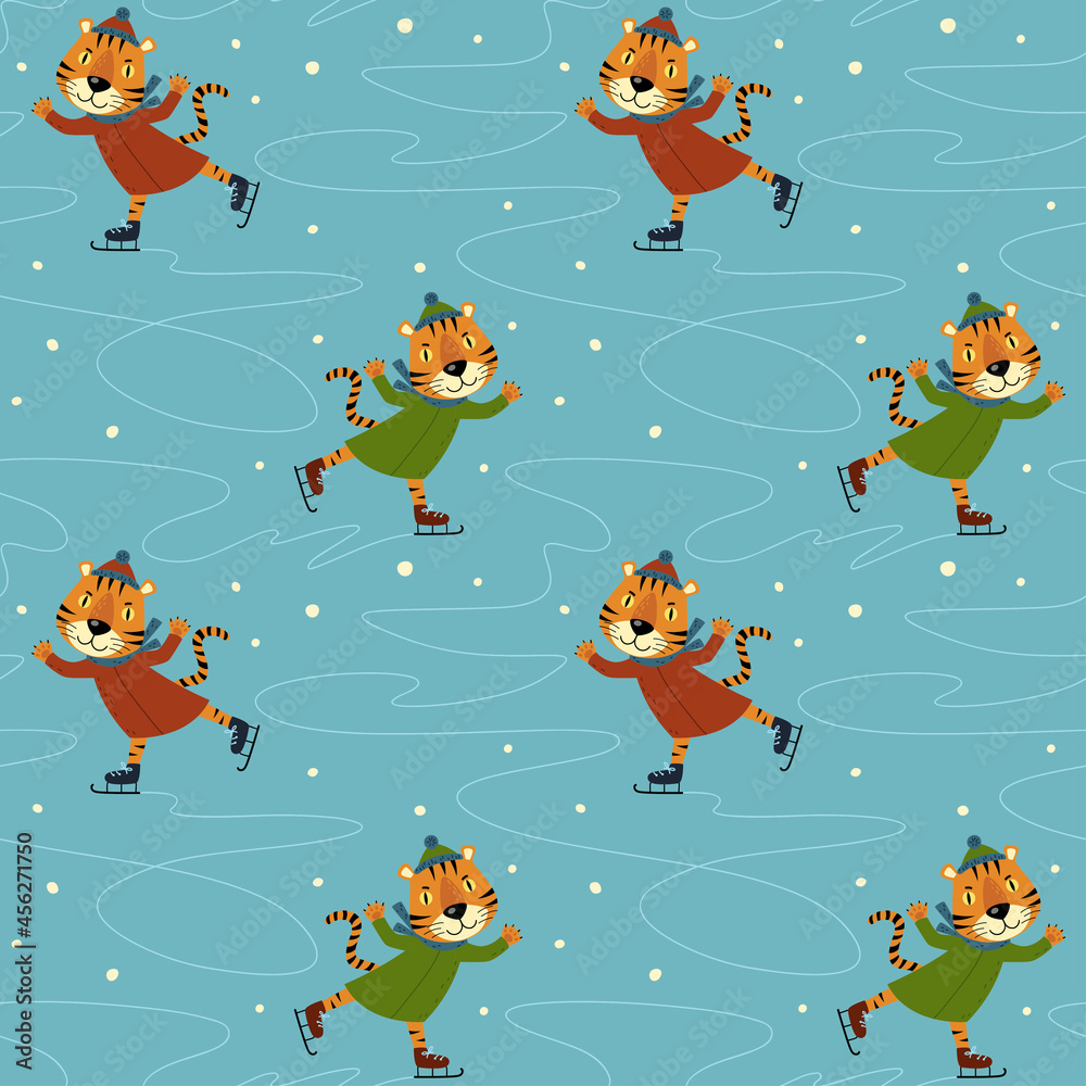 Obraz premium Seamless pattern with the symbol of 2022. A cute tiger is skating on the ice. New Year's pattern.