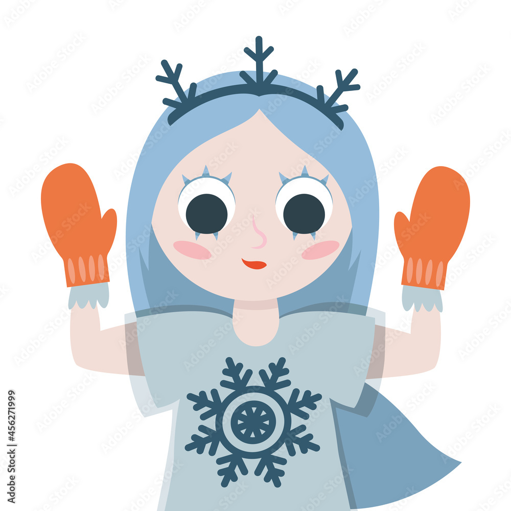 Snowflake girl in mittens. Winter fictional character in cartoon style Snowflake girl in mittens. Winter fictional character in cartoon style