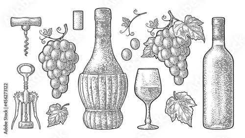 Set for wine shop. Vintage black engraving vector illustration isolated on white