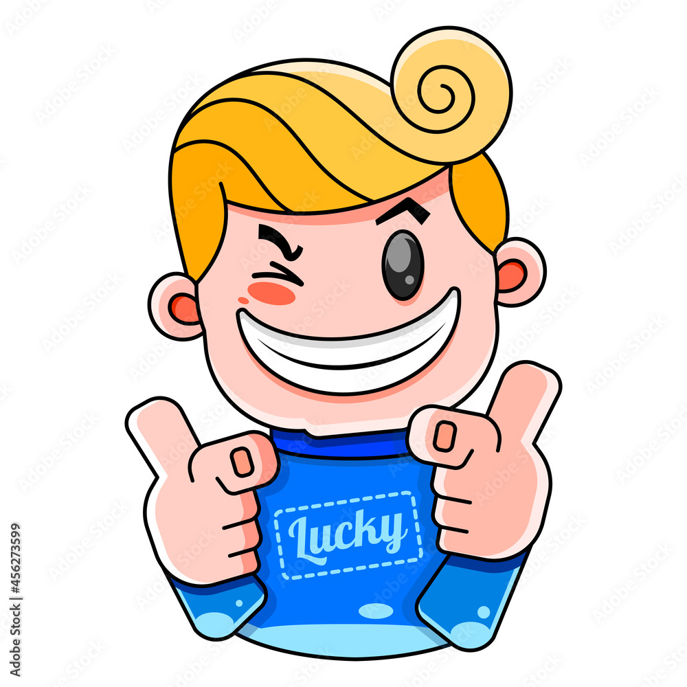 Lucky guy in a blue sweater with the inscription lucky smiles illustration for prints, T-shirts, covers.