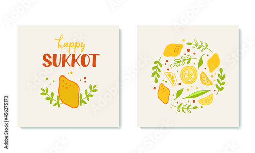 Happy Sukkot set of greeting card for Jewish traditional holiday isolated on white background. Hand lettering. Doodle style vector illustration of Etrog (citron), arava (willow), hadas(myrtle), lulav.
