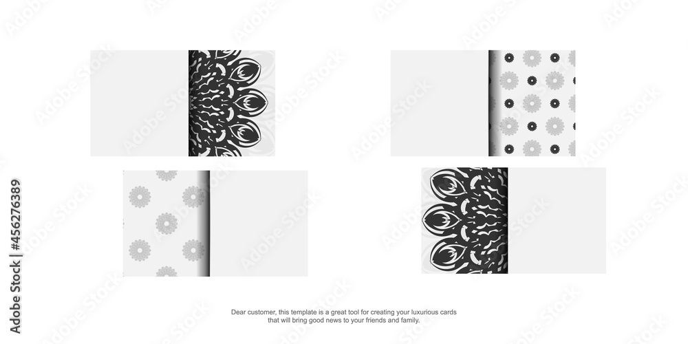 Ready-to-print business card design White colors with mandalas. Vector Business card template with place for your text and black ornaments.