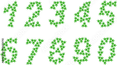 Arabic numerals from triple green cannabis leaves isolated. Medical marijuana. Hemp green leaf logo.