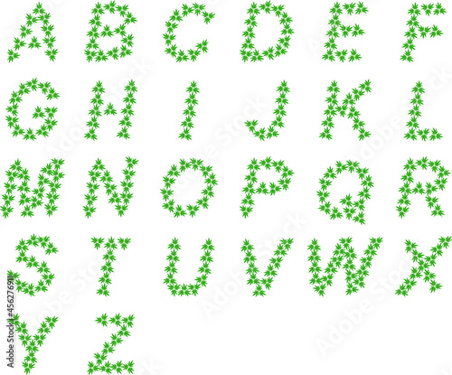 English alphabet from triple green cannabis leaves isolated. Medical marijuana. Classical Latin alphabet. Hemp green leaf logo.