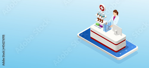 Online pharmacy and medicine with a medical app. Buying medicines online. Mobile service or app for purchasing medicines in online pharmacy drugstore.