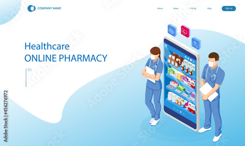 Online pharmacy and medicine with a medical app. Buying medicines online. Mobile service or app for purchasing medicines in online pharmacy drugstore.