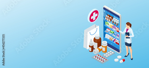 Online pharmacy and medicine with a medical app. Buying medicines online. Mobile service or app for purchasing medicines in online pharmacy drugstore.
