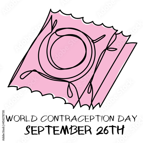 World contraception day September 26. Condoms in one line on a white background. Contraceptive packaging in pink. Vector stock illustration.
