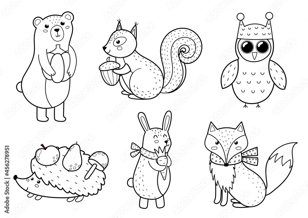 Cute forest animals collection. Fall woodland black and white characters  for kids design. Bear, fox, owl, hedgehog, rabbit and squirrel. Vector  illustration Stock Vector | Adobe Stock