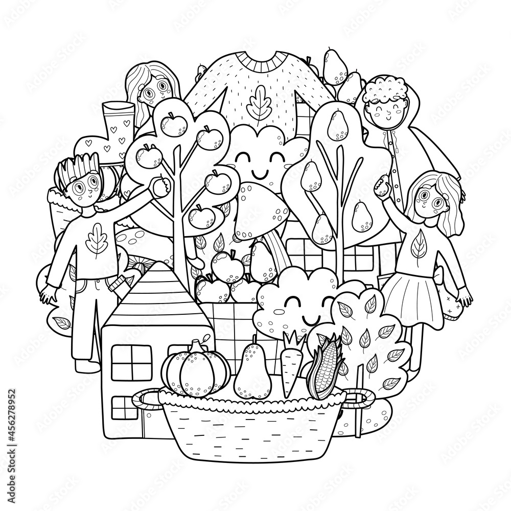Obraz premium Autumn circle shape pattern. Fall mandala coloring page. Black and white print with harvesting kids, sweater, cloud. Vector illustration
