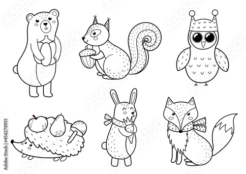 Cute forest animals collection. Fall woodland black and white characters for kids design. Bear, fox, owl, hedgehog, rabbit and squirrel. Vector illustration
