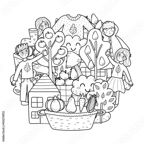 Autumn circle shape pattern. Fall mandala coloring page. Black and white print with harvesting kids, sweater, cloud. Vector illustration