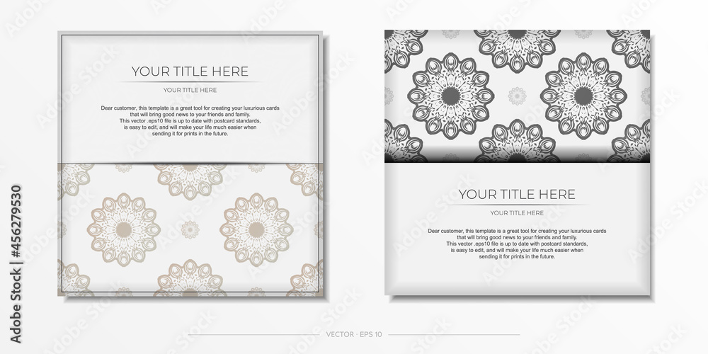 Stylish Ready-to-Print White Postcard Design with Luxurious Vintage Ornaments. Invitation card template with Greek patterns.