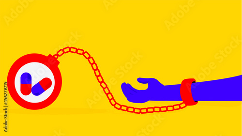 Drug overdose, a man chained with drugs, bad consequence , conceptual illustration about hard to break the addiction