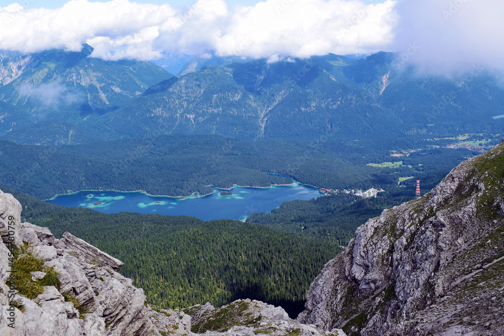 View from the Zugspitze (highest mountain of Germany) on the Eibsee