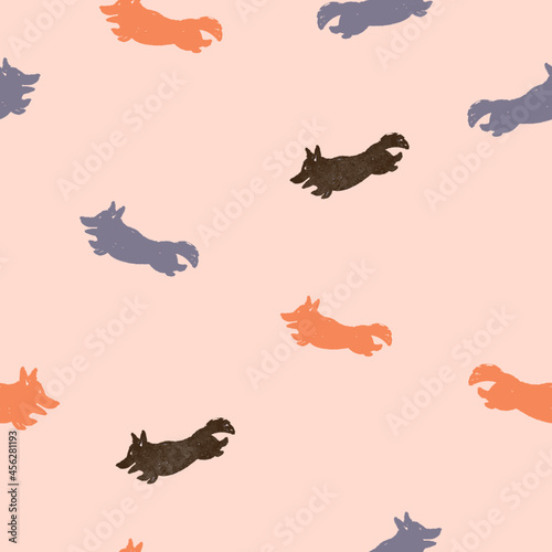 Vector seamless pattern with cute small corgi dogs jumping and running, in retro modern hand drawn style. Bright pastel colors