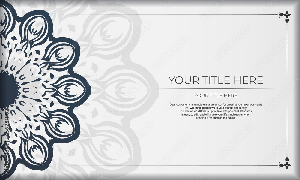 Template for print design background with vintage patterns. White banner with mandala ornaments and place for your logo.