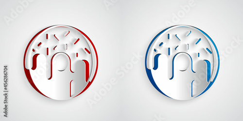 Paper cut Donut with sweet glaze icon isolated on grey background. Paper art style. Vector