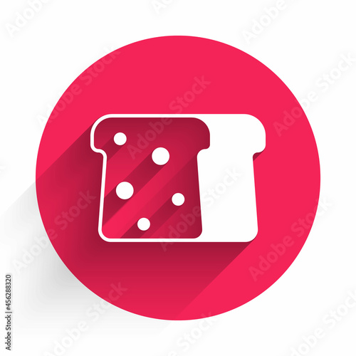 White Bread toast for sandwich piece of roasted crouton icon isolated with long shadow background. Lunch, dinner, breakfast snack. Red circle button. Vector