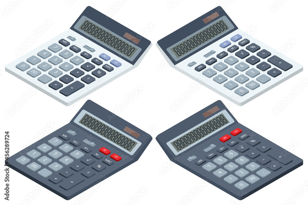 Isometric digital calculator on white background. Office calculator Isometric digital calculator on white background. Office calculator