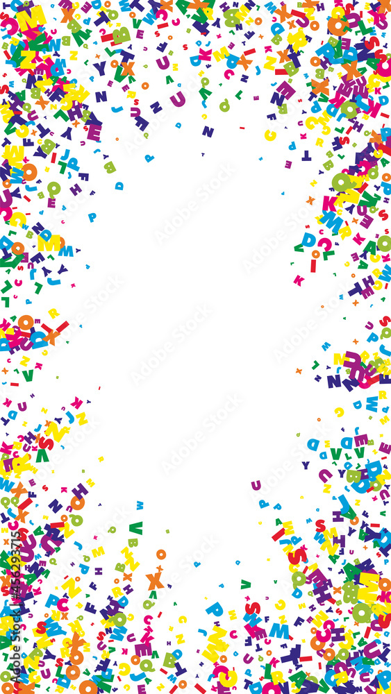 Falling letters of English language. Vivid flying words of Latin alphabet. Foreign languages study concept. Marvelous back to school banner on white background. Falling letters of English language. Vivid flying words of Latin alphabet. Foreign languages study concept. Marvelous back to school banner on white background.