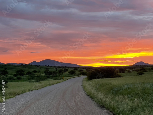 Fire sunset over road and landscape in Sonoita, Arizona