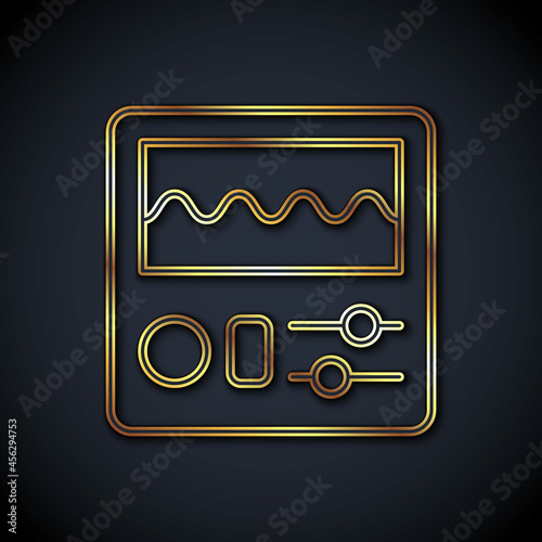 Gold line Drum machine icon isolated on black background. Musical equipment. Vector