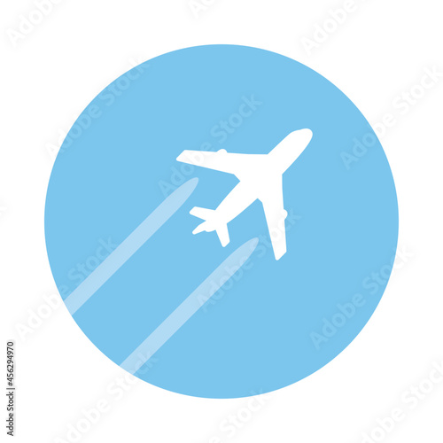 White jet airplane fly up taking off in blue sky with trace or contrail silhouette flat vector icon