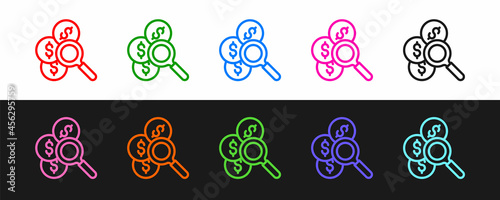 Set line Search for money icon isolated on black and white background. Vector