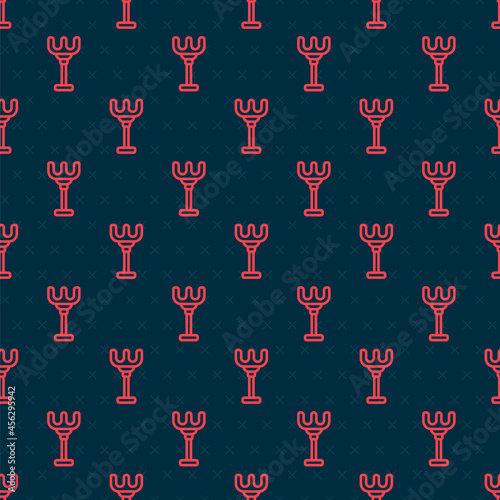 Red line Rake toy icon isolated seamless pattern on black background. Children toy for beach games. Vector