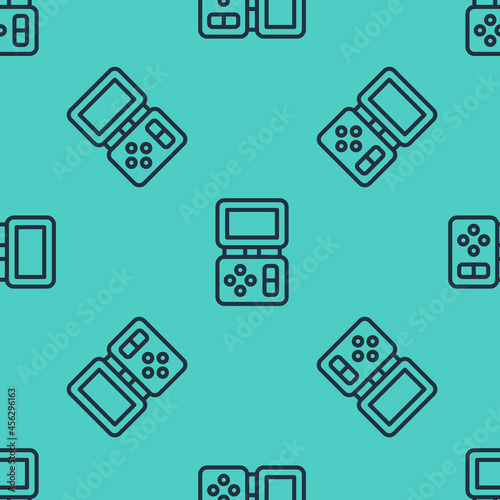 Black line Portable tetris electronic game icon isolated seamless pattern on green background. Vintage style pocket brick game. Interactive playing device. Vector