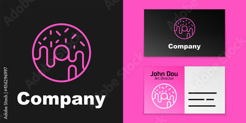 Pink line Donut with sweet glaze icon isolated on black background. Logo design template element. Vector