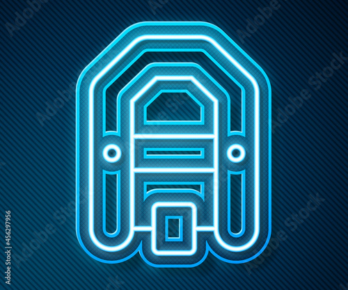 Glowing neon line Rafting boat icon isolated on blue background. Inflatable boat with paddles. Water sports, extreme sports, holiday, vacation. Vector
