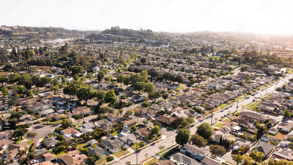 Afternoon aerial view of suburban Alhambra, California, USA. - obrazy, fototapety, plakaty 