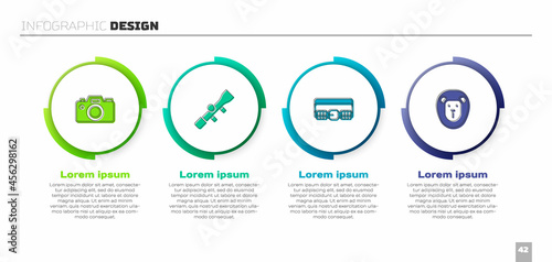 Set Photo camera, Sniper optical sight, Hunting cartridge belt and Wild lion. Business infographic template. Vector