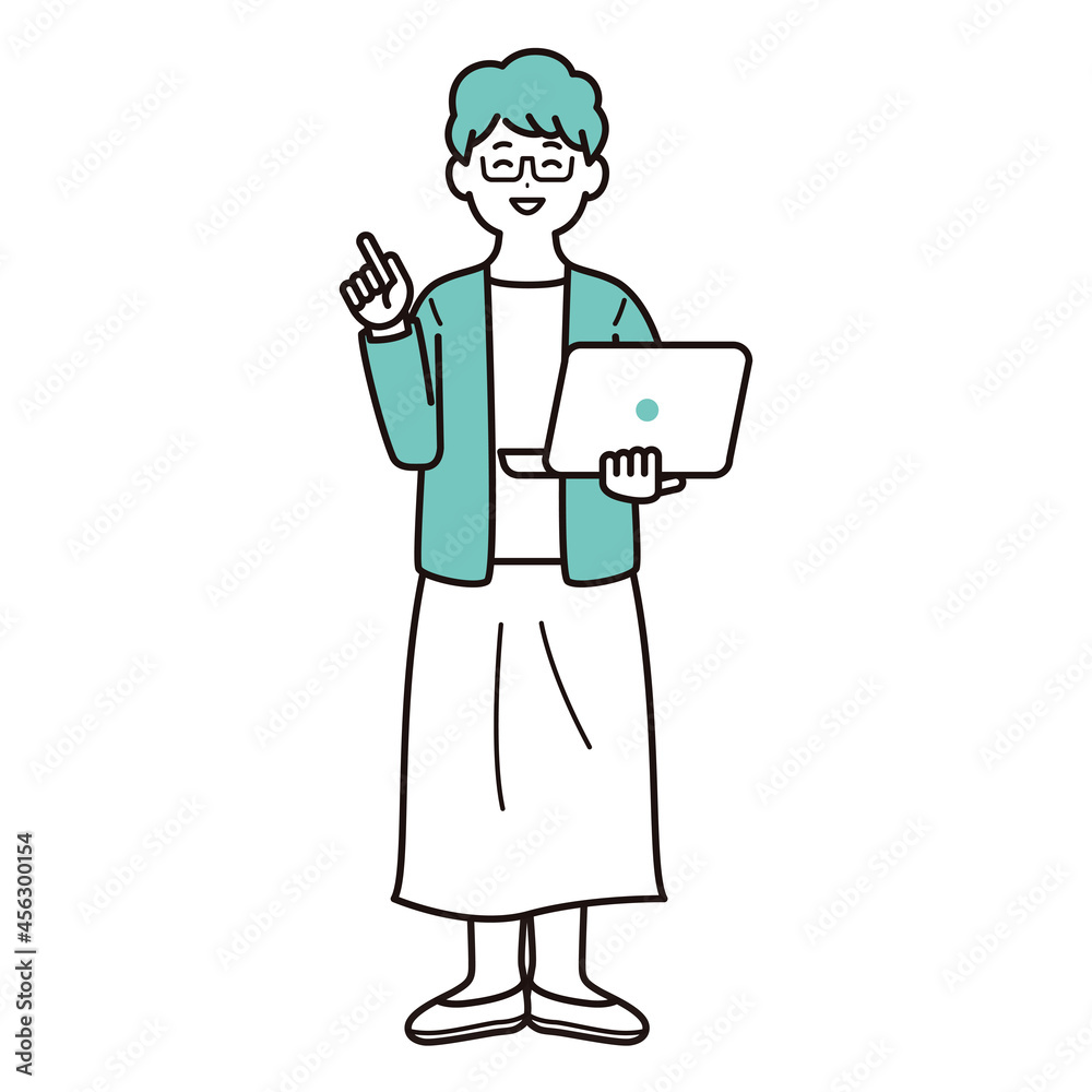 パソコンを手に持って説明する人物のイラスト素材 中年の女性 私服 全身 パソコンを手に持って説明する人物のイラスト素材 中年の女性 私服 全身