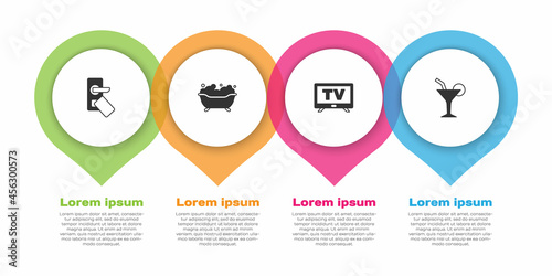Set Digital door lock, Bathtub, Smart Tv and Cocktail. Business infographic template. Vector