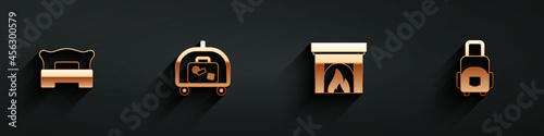 Set Bedroom, Hotel luggage cart, Interior fireplace and Suitcase icon with long shadow. Vector