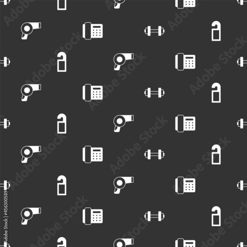 Set Dumbbell, Please do not disturb, Hair dryer and Telephone handset on seamless pattern. Vector