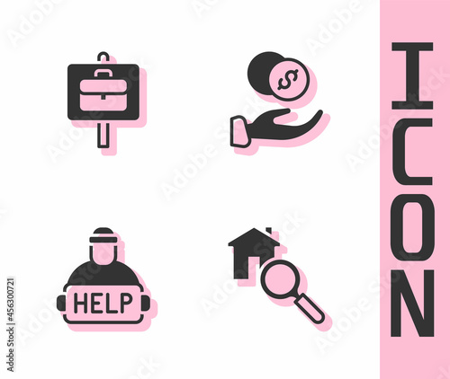 Set Search house, Work search, Help homeless and Donation hand with money icon. Vector