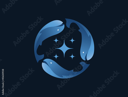 A flock of whales forming a circle and circling the glowing stars in the center for a logo related to marine animal conservation and protected animal natural life